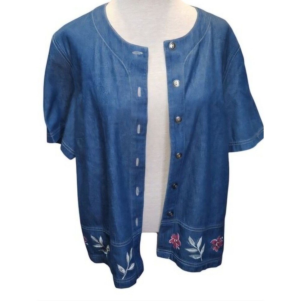 Vintage Koret City Blues Denim Short Sleeved Top Womens Size 16 Button Up